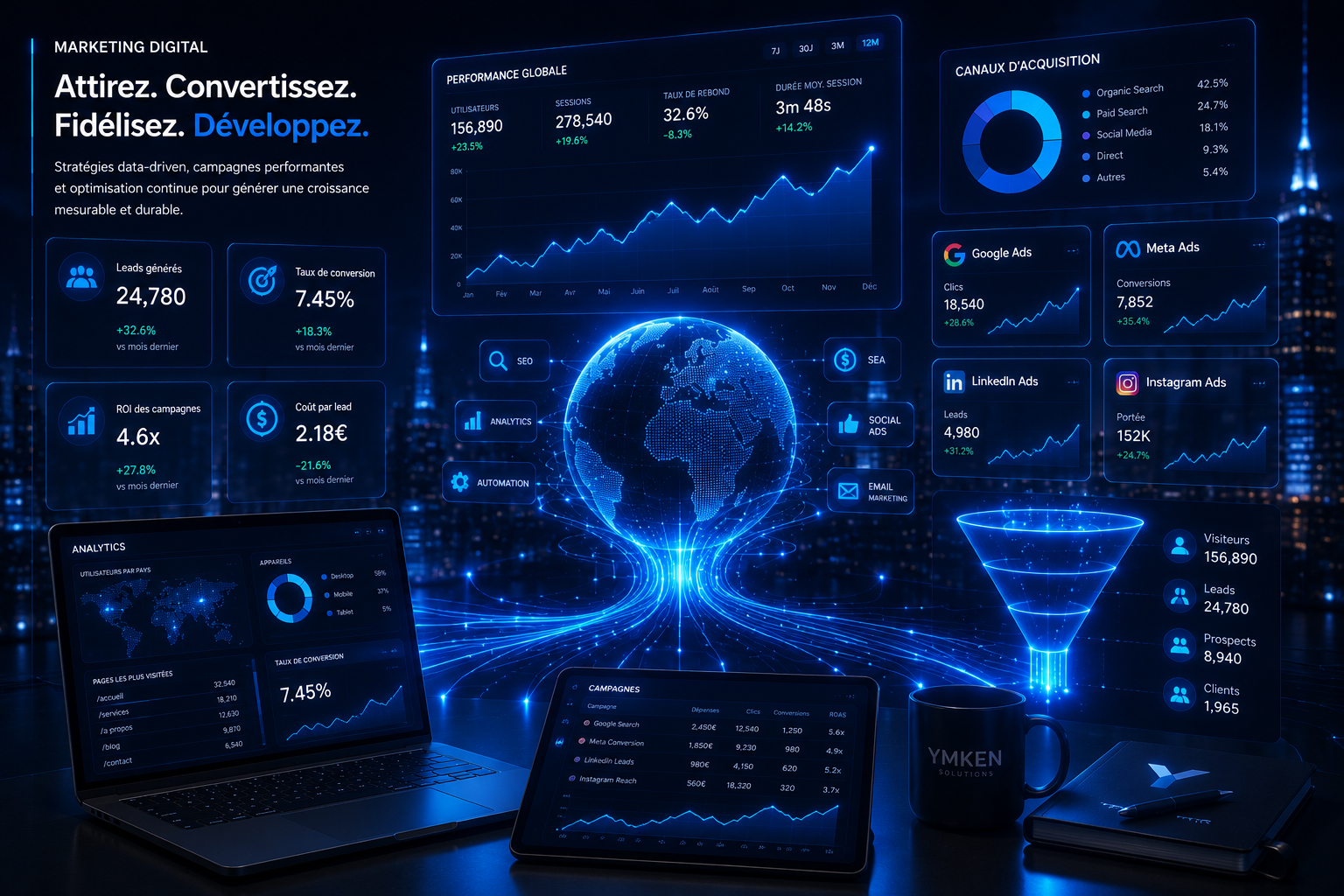 Tableaux de bord de marketing digital, acquisition et mesure de la croissance